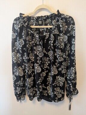 BDG Black Floral Tie-Neck Peasant Blouse